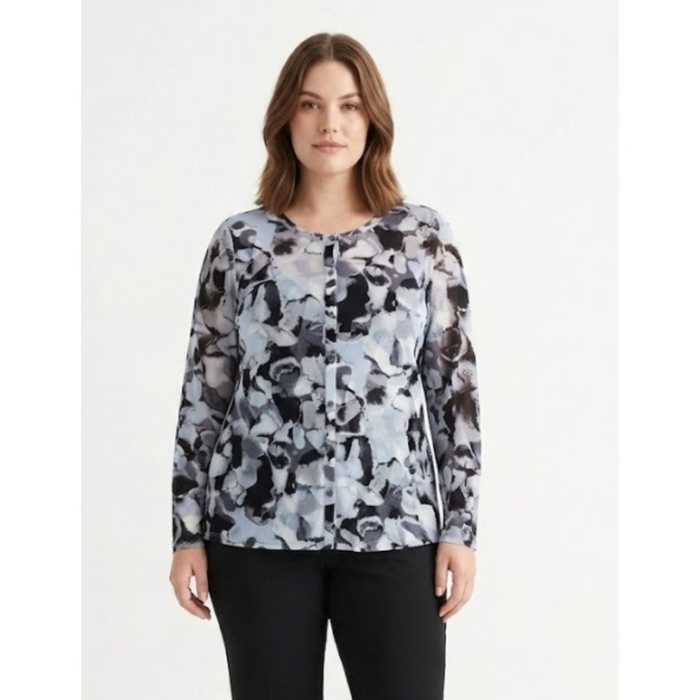 LOGO Lori Goldstein Mesh‎ Top Large Grey Abstract Print Button Front Stretch